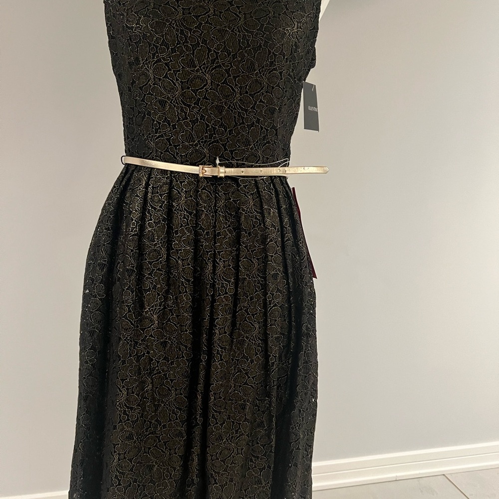Ellen Tracy Black Strapless Lace Dress with Cream Belt